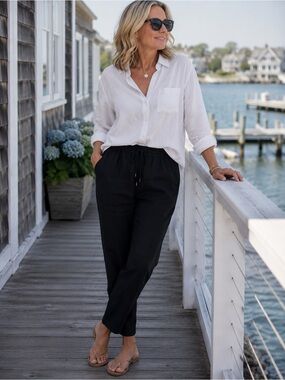 Eileen Fisher Organic Linen Pants in Black Size XL Drawstring Tapered Crop